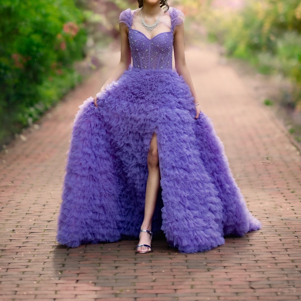 Lavender Ruffle Ball Gown Dress with Sweetheart Neckline
